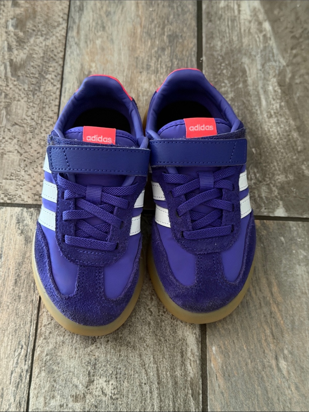 adidas Kids Purple Sneakers with White Stripes and Gum Sole